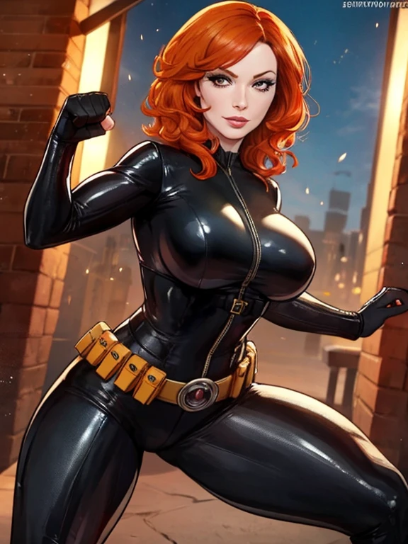 Christina Hendricks as Black Widow, 48 years old, short wavy hairstyle, orange hair color, big breasts Bryce Dallas Howard, bright makeup eyelashes, plump lips, confident smile, mascara on eyes. In black shiny leather suit and metallic utility belt. Dynamic pose, action pose, in a fighting position
