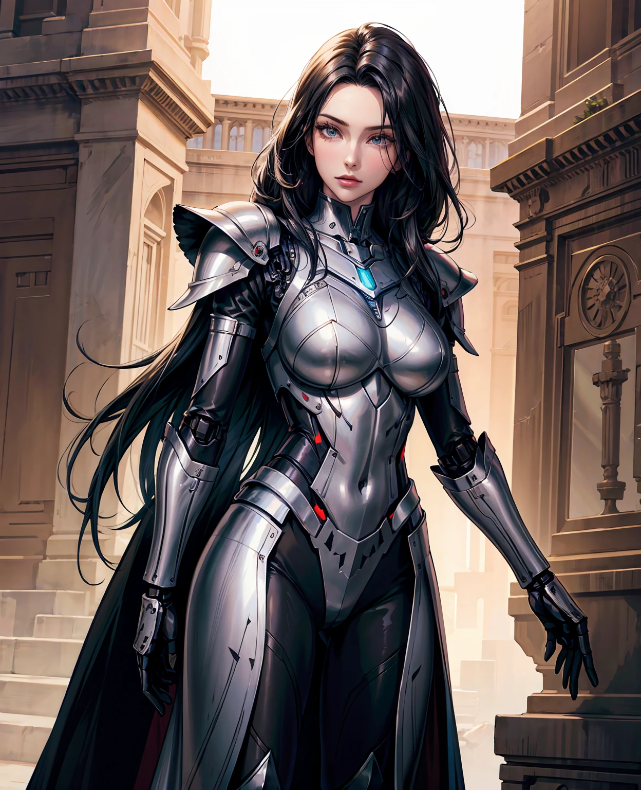 Beautiful tall woman with robotic armor with super realistic and well detailed black hair