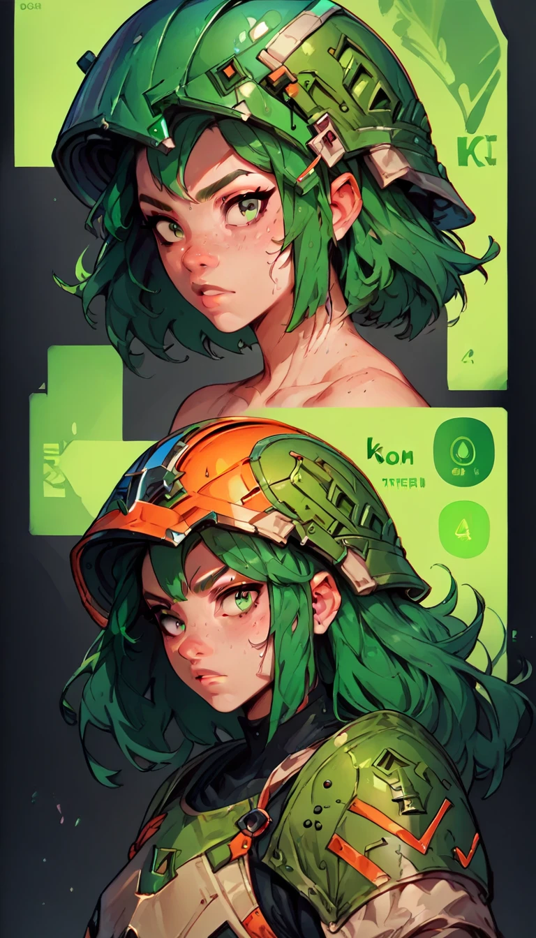 check_9, check_8_up, check_7_up, young woman, green hair, helmet, Looking at the viewer, simple black background, dynamic pose, sexual, reference sheet, (whole body, From Side, Front:1.1), upper body, cartoon,
 Character DesignXL