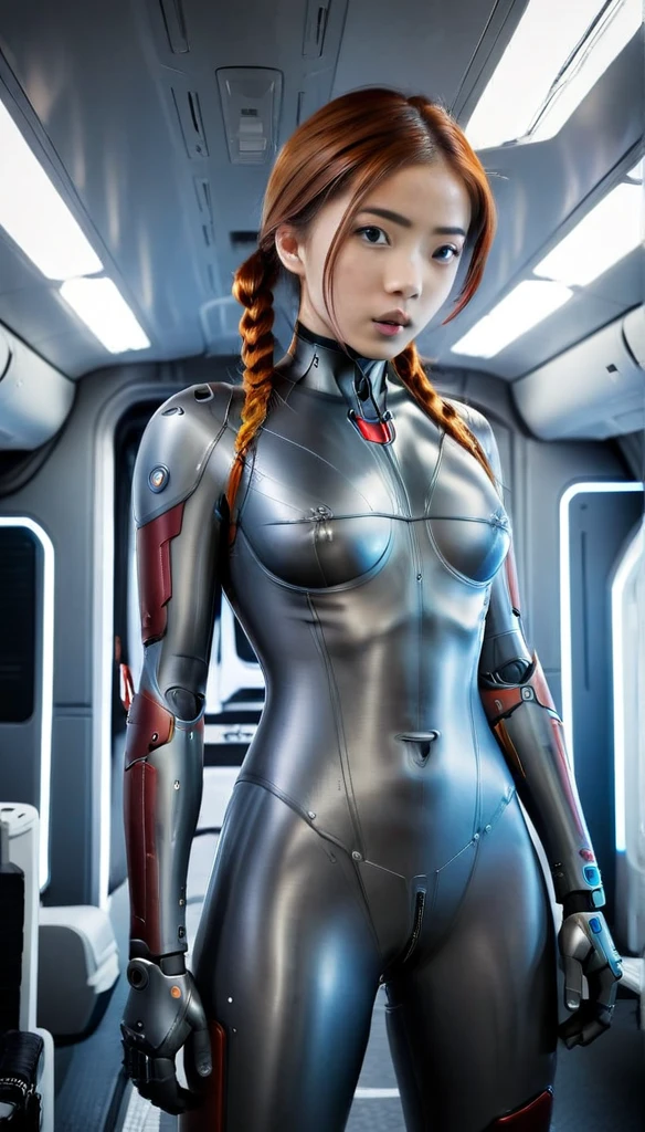 1 Girl、Medium Bust、solo、red Hair、Braid、Mobile Race Suit、Shoulder Armor、ceiling、Wide Shot、Looking Ahead、zipup suit 、Closed Mouth、Highest quality、medium quality、22 years old、Mobile Trace System、cockpit、Asian、CyborgCosplay

