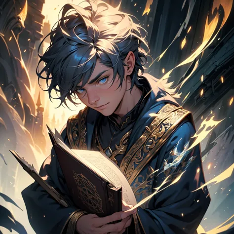a man with short messy hair wearing wizard clothes holding a magic book, magical background, highly detailed, intricate, cinemat...
