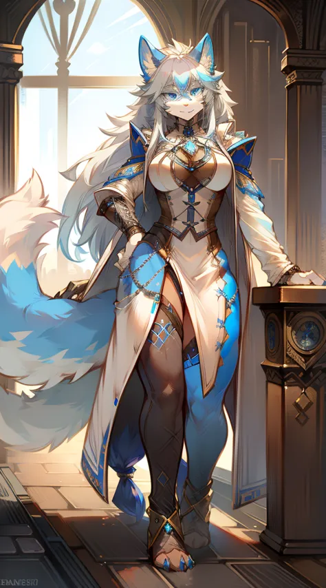 In steampunk style，Big-tailed wolf，blue color eyes，grey long hair，Modern white coat