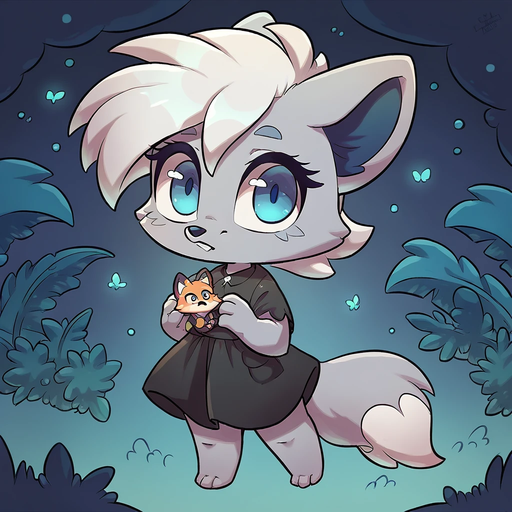 little fox, female, white hair, silver fur, blue eyes, cute kid, , alone, kid , white hair, cute, chibi, black dress, night forest