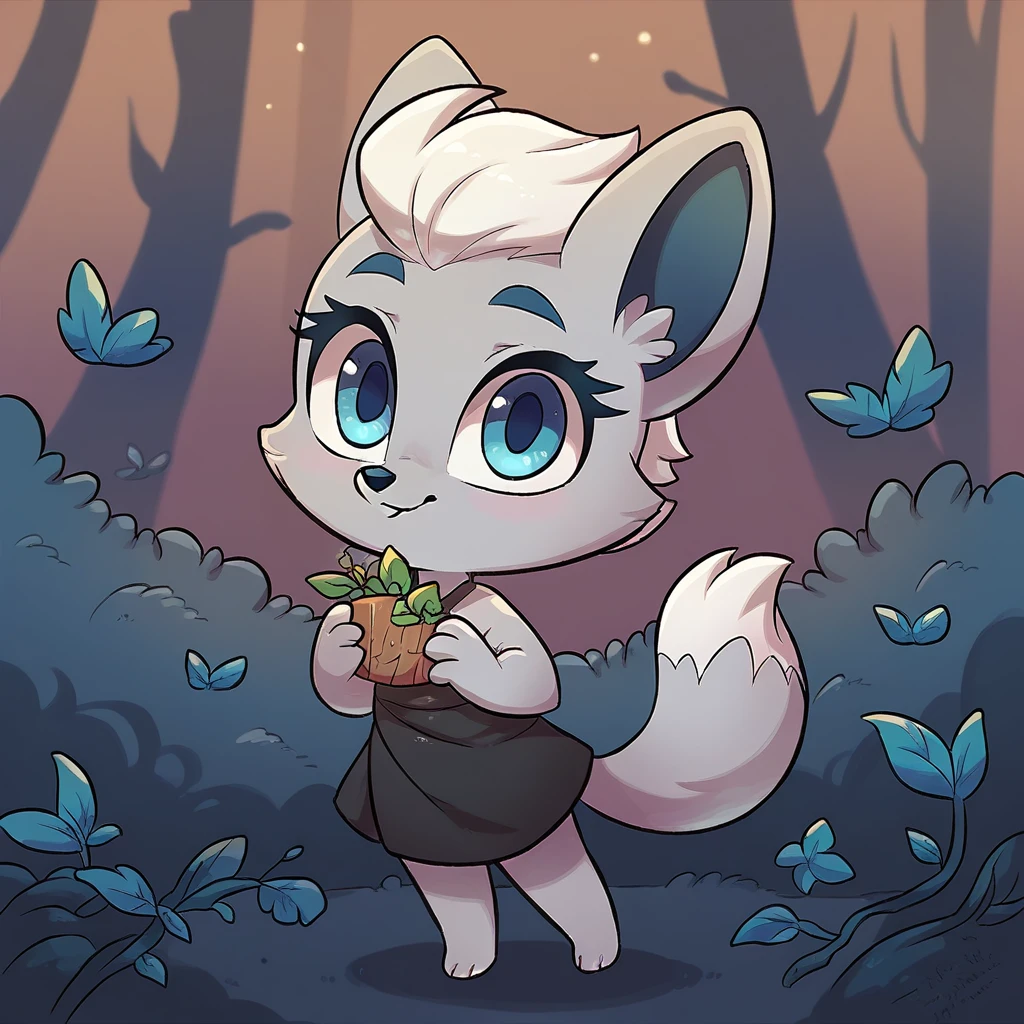 little fox, female, white hair, silver fur, blue eyes, cute kid, , alone, kid , white hair, cute, chibi, black dress, night forest