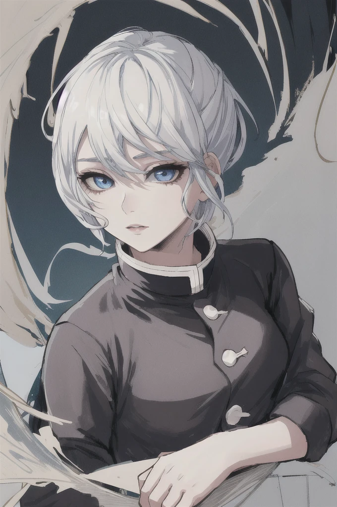 girl with short white hair, blue eyes, demon slayer uniform, black haori, highly detailed high contrast hd masterpiece of best quality in high resolution (without the mask of the mouth) ((more feminine))