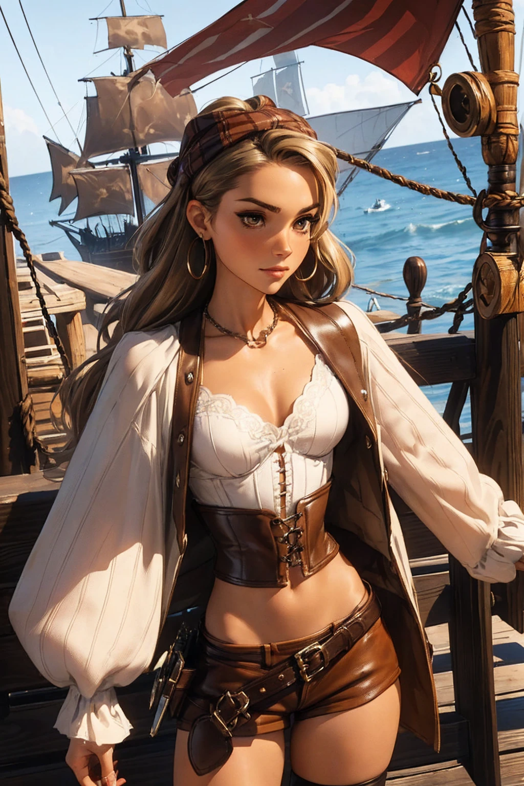 (masterpiece), hyper realistic, best quality, expressive eyes, perfect face, (pirate ship background), (standing), (smirk), (full length view), (1girl, emma kotos, tanned skin, blonde brown hair, wavy hairstyle, brown piercing eyes, hourglass figure, thin body, skinny body, petite_body, medium breasts, thick thighs, long fingernails, brown plaid head wrap, white front lace blouse, long sleeve, low cut top, loose fit, brown leather corset, brown leather shorts, brown boots, sheathed cutlass sword, flintlock pistol in holster, hoop earrings, miscellaneous jewelry), natural light, looking down at viewer, 