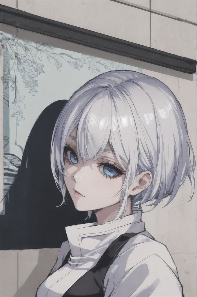 girl with short white hair, blue eyes, demon slayer uniform, black haori, highly detailed high contrast hd masterpiece of best quality in high resolution (without the mask of the mouth) ((more feminine))