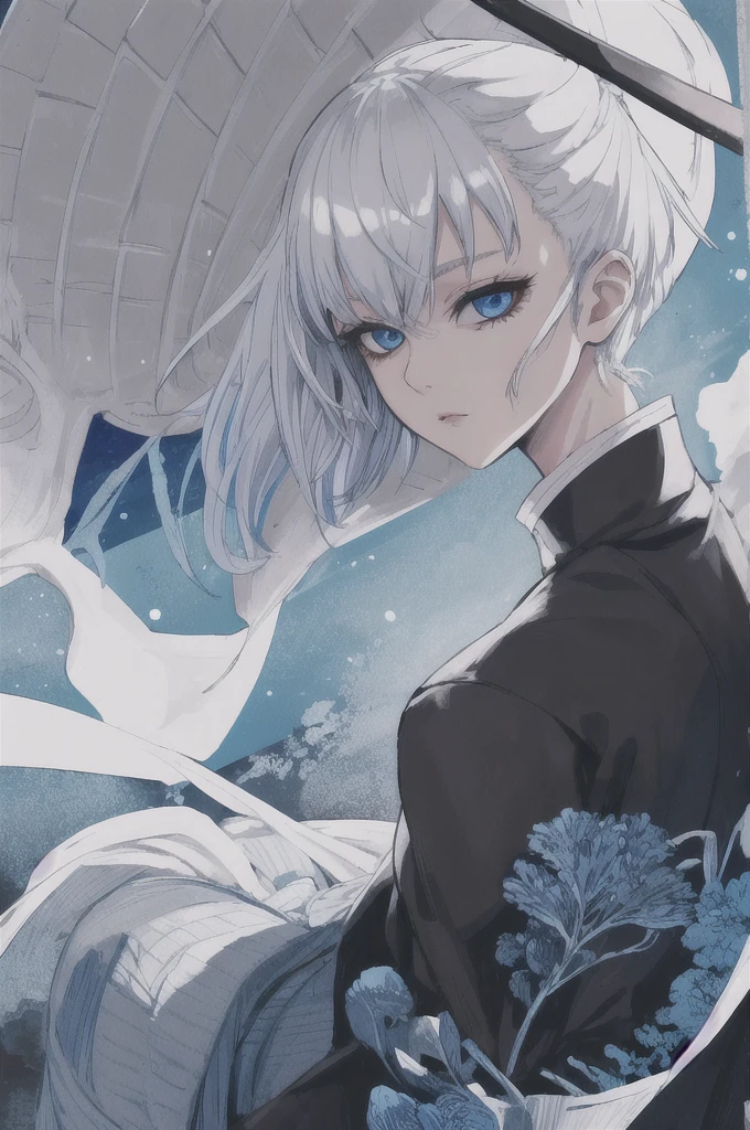 girl with short white hair, blue eyes, demon slayer uniform, black haori, highly detailed high contrast hd masterpiece of best quality in high resolution (without the mask of the mouth) ((more feminine))