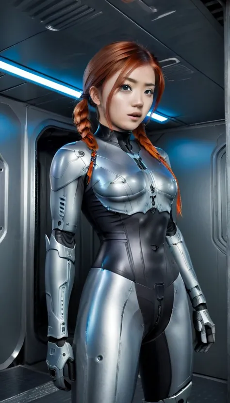 1 girl、medium bust、solo、red hair、braid、mobile race suit、shoulder armor、ceiling、wide shot、looking ahead、zipup suit 、closed mouth、...