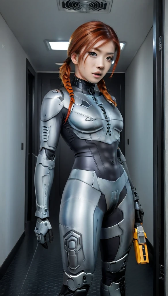 1 Girl、Medium Bust、solo、red Hair、Braid、Mobile Race Suit、Shoulder Armor、ceiling、Wide Shot、Looking Ahead、zipup suit 、Closed Mouth、Highest quality、medium quality、22 years old、Mobile Trace System、cockpit、Asian、CyborgCosplay

