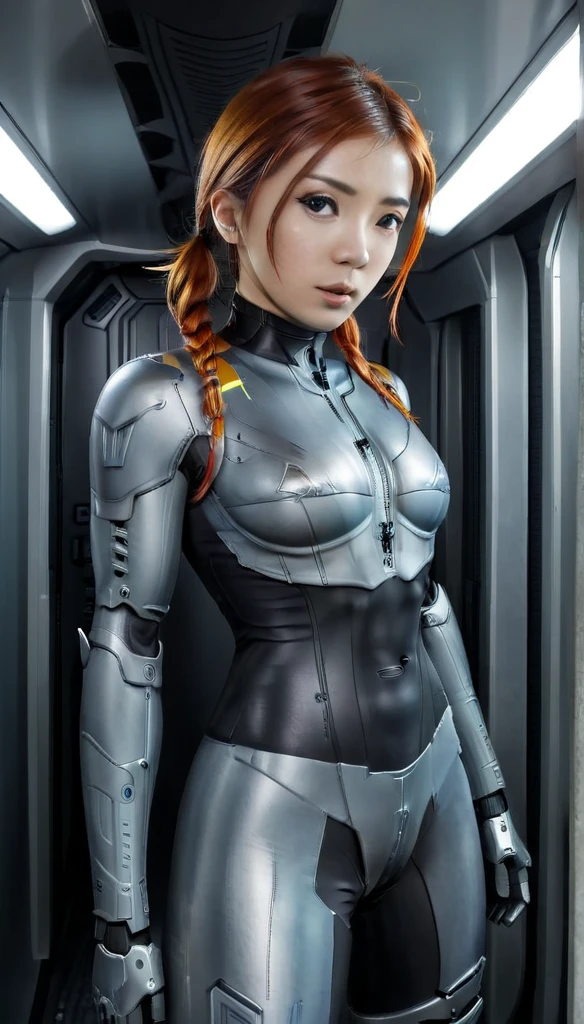 1 Girl、Medium Bust、solo、red Hair、Braid、Mobile Race Suit、Shoulder Armor、ceiling、Wide Shot、Looking Ahead、zipup suit 、Closed Mouth、Highest quality、medium quality、22 years old、Mobile Trace System、cockpit、Asian、CyborgCosplay

