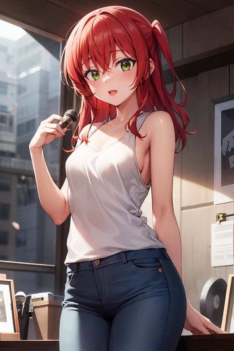 room, 1 Girl, Highest quality, Ultra-high resolution, Long Hair, Redhead, Green Eyes,Looking at the audience, Small breasts , Shy face、Watery eye, Open your mouth、Cowboy Shot、Tank top、Jeans trousers、Western-style room,