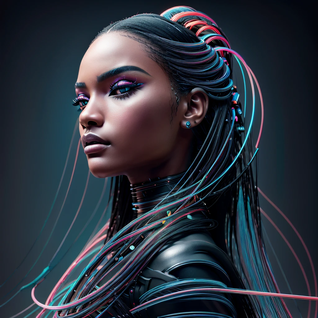 (((close up photo))) (((side face photo))) raw photo taken from Fujifilm, a black woman of stunning beauty, long black hair with neon lights, half head brain with wires, metal head, head intricately designed androids full of wires and circuits, immersed in her own digital world.
