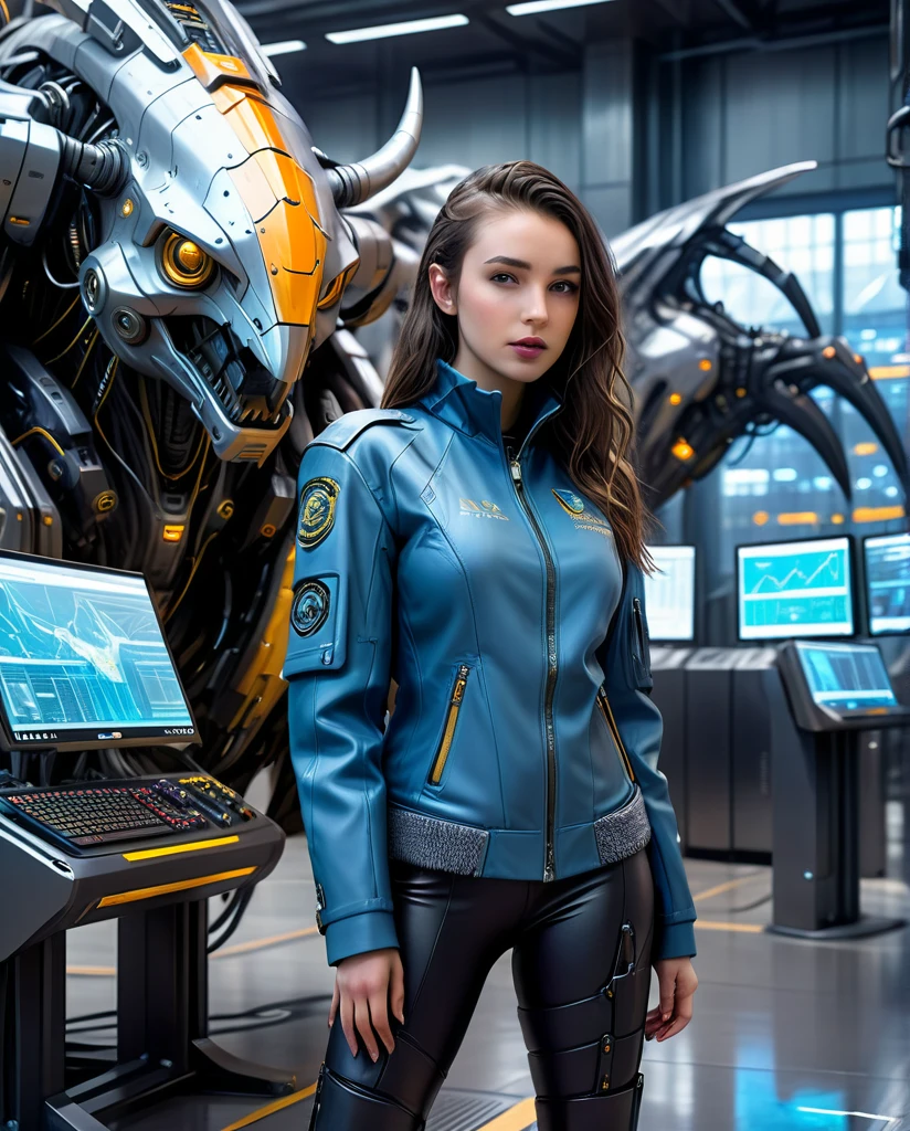 A pretty girl in cyberpunk jacket in a futuristic financial trading hall with high-tech miners mining Pegasus, the naval mercatil Van Salzfestung Ltda, symbol in a technological and electronic scenario, cyberpunk and futuristic, Science fiction, hightech, photo realist, best qualityer