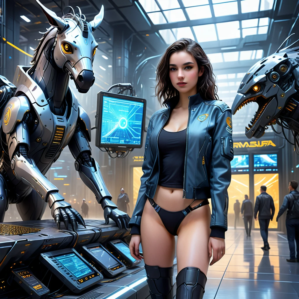 A pretty girl in cyberpunk jacket in a futuristic financial trading hall with high-tech miners mining Pegasus, the naval mercatil Van Salzfestung Ltda, symbol in a technological and electronic scenario, cyberpunk and futuristic, Science fiction, hightech, photo realist, best qualityer