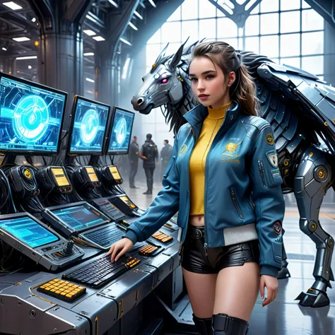 A pretty girl in cyberpunk jacket in a futuristic financial trading hall with high-tech miners mining Pegasus, the naval mercati...