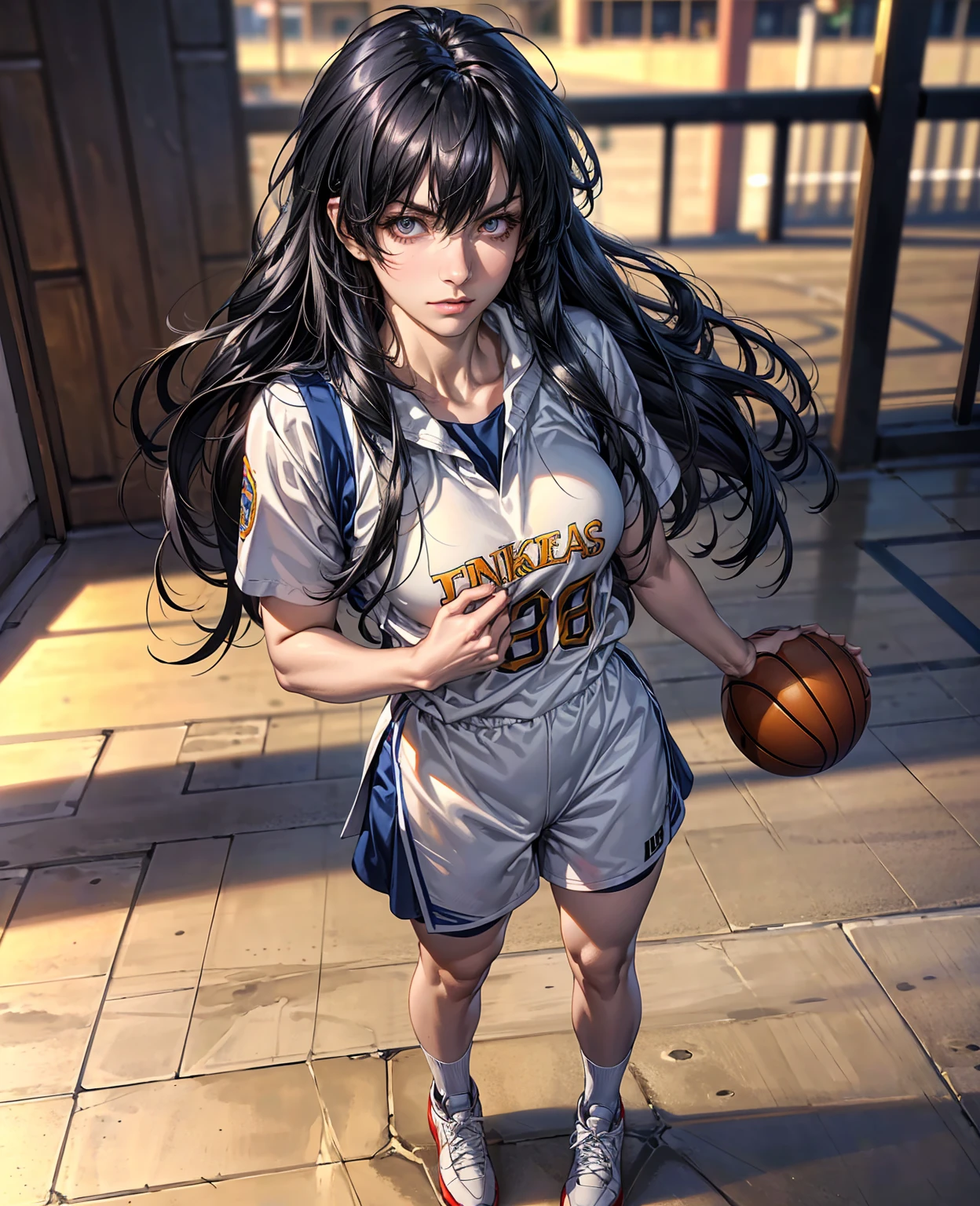 (8k, best quality, masterpiece:1.2), (realistic, photo-realistic:1.37), ultra-detailed,best quality, ultra high res, professional lighting, photon mapping, radiosity, physically-based rendering, cinematic lighting, basketball court,depth of field, sharp focus,sunbeam, good composition,(bokeh:1.2) 1girl,solo,(full body), (closed mouth),beautiful detailed eyes, pose, narrow waist,basketball uniform, black hair,messy hair,long hair floating in wind,(ulzzang-6500:1.2),  mix4, hiqcgbody