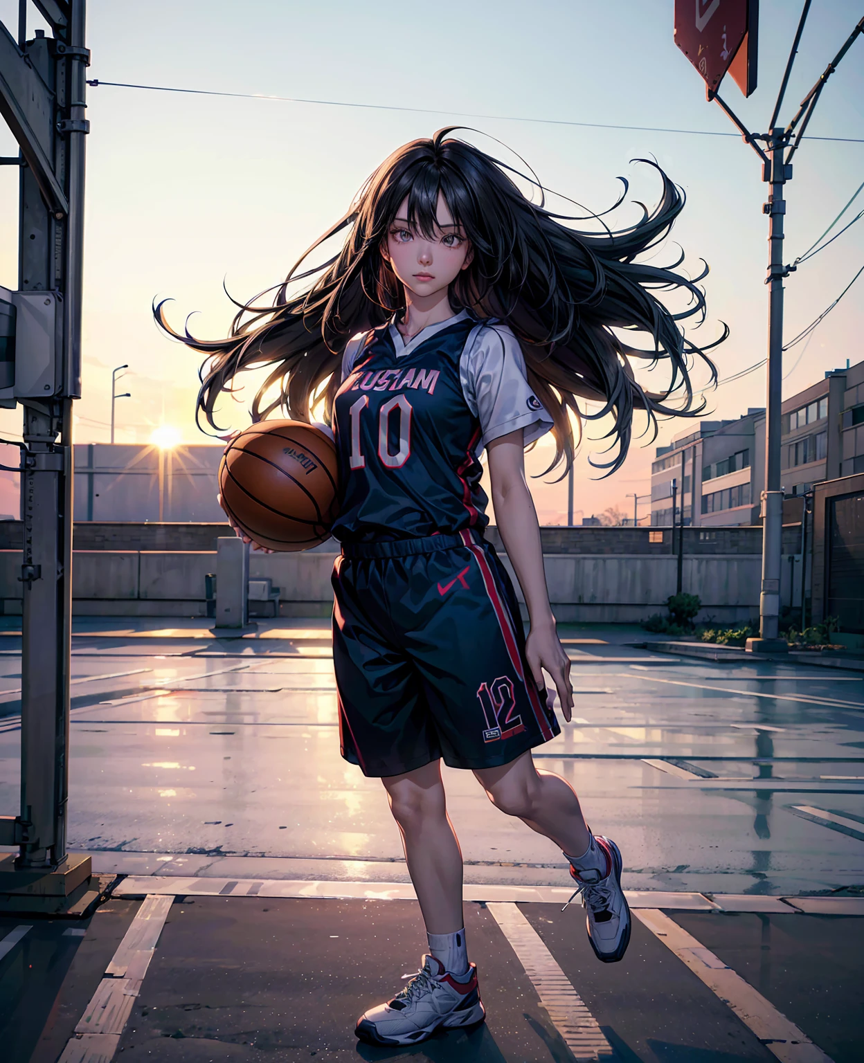 (8k, best quality, masterpiece:1.2), (realistic, photo-realistic:1.37), ultra-detailed,best quality, ultra high res, professional lighting, photon mapping, radiosity, physically-based rendering, cinematic lighting, basketball court,depth of field, sharp focus,sunbeam, good composition,(bokeh:1.2) 1girl,solo,(full body), (closed mouth),beautiful detailed eyes, pose, narrow waist,basketball uniform, black hair,messy hair,long hair floating in wind,(ulzzang-6500:1.2),  mix4, hiqcgbody