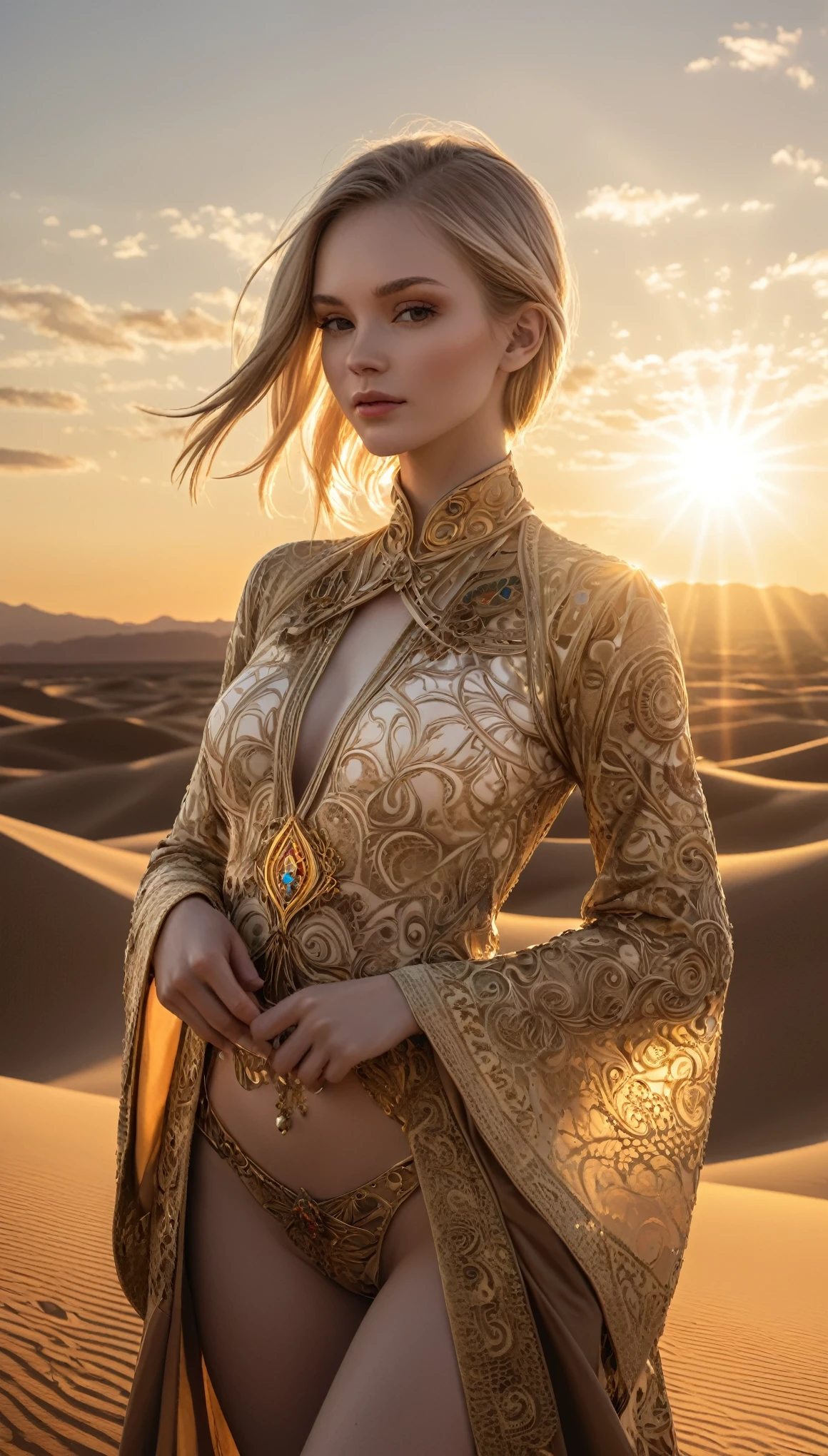 1girl, beautiful and aesthetic:1.2), ,extreme detailed, (fractal art:1.3),colorful, highest detailed, just wear top clothes, open clothes ,pale skin ,the creamy smooth skin, Peder Balke, art _style,desert,setting sun,backlighting,cloud,4k,ornate and intricate
