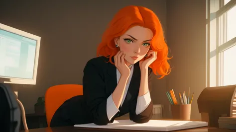 /draw orange hair woman green eyes sitting at desk talking on telephone with computer monitor, 1 9 8 0 s vaporwave business fash...