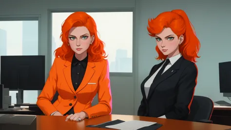 /draw orange hair woman green eyes sitting at desk talking on telephone with computer monitor, 1 9 8 0 s vaporwave business fash...