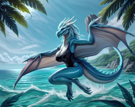 an extremely talented impressionist painting of mature AurothDOTA wyvern flying above water, hung in air, cyan water, clear wate...