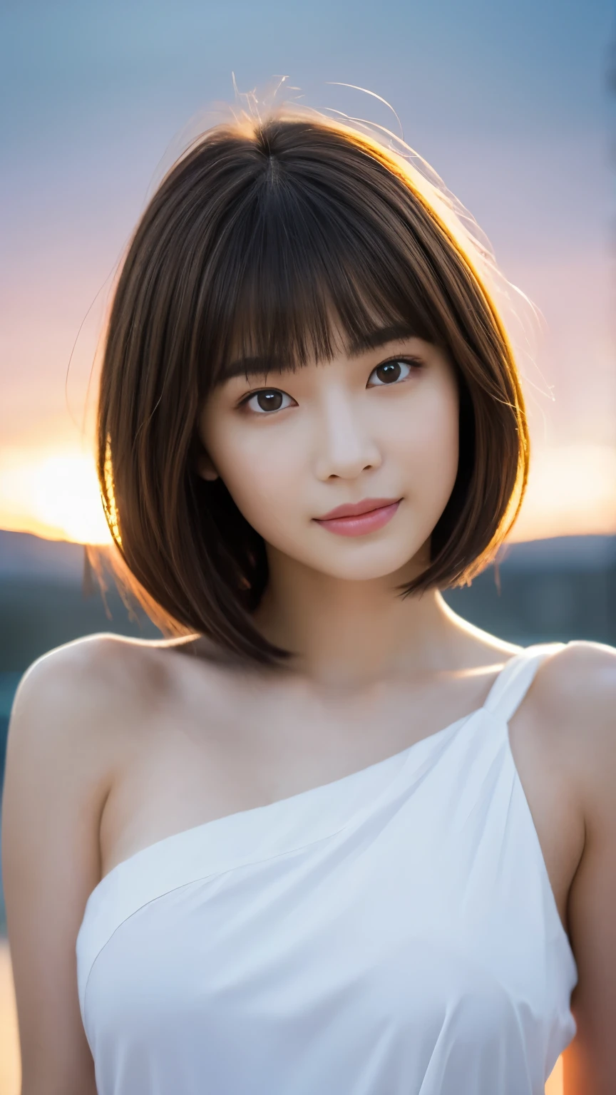 masterpiece, best quality, ultra high res, ultra detailed, sharp focus, 1girl, 独奏, a stunning pretty and beautiful Japanese sexy model, looking at viewer:1.3, (bright smile:0.6), dusk, sunset, night, realistic, slender, (standing:1.1), (looking at the viewer:1.3), sexy gaze, blush, asymmetrical bangs, light brown hair, ((17 years old、Large breasts、naked:1.2、Super Short Hair:1.7、Narrow waist、Nipples are visible、Nipples are erect、sexy))