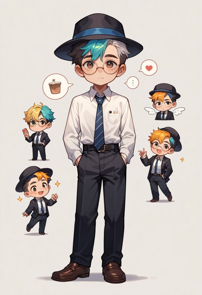 score_9, score_8_up, score_7_up, 1 boy, young boy, sexy boy, chibi, boy, sexy, erótic, colored hair, Rainboy hair, business clothes, hat, round glasses.
