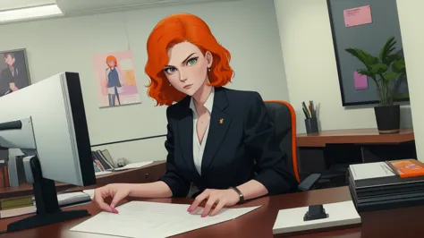 /draw orange hair woman green eyes sitting at desk talking on telephone with computer monitor, 1 9 8 0 s vaporwave business fash...