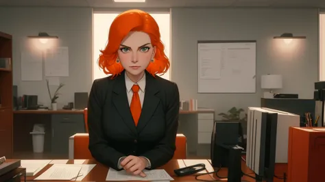 /draw orange hair woman green eyes sitting at desk talking on telephone with computer monitor, 1 9 8 0 s vaporwave business fash...