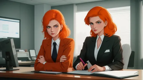 /draw orange hair woman green eyes sitting at desk talking on telephone with computer monitor, 1 9 8 0 s vaporwave business fash...