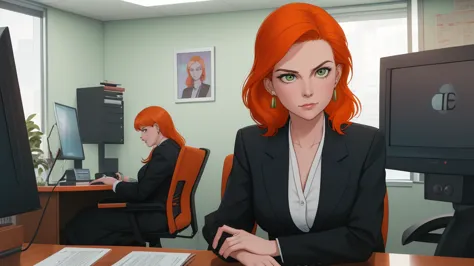 /draw orange hair woman green eyes sitting at desk talking on telephone with computer monitor, 1 9 8 0 s vaporwave business fash...