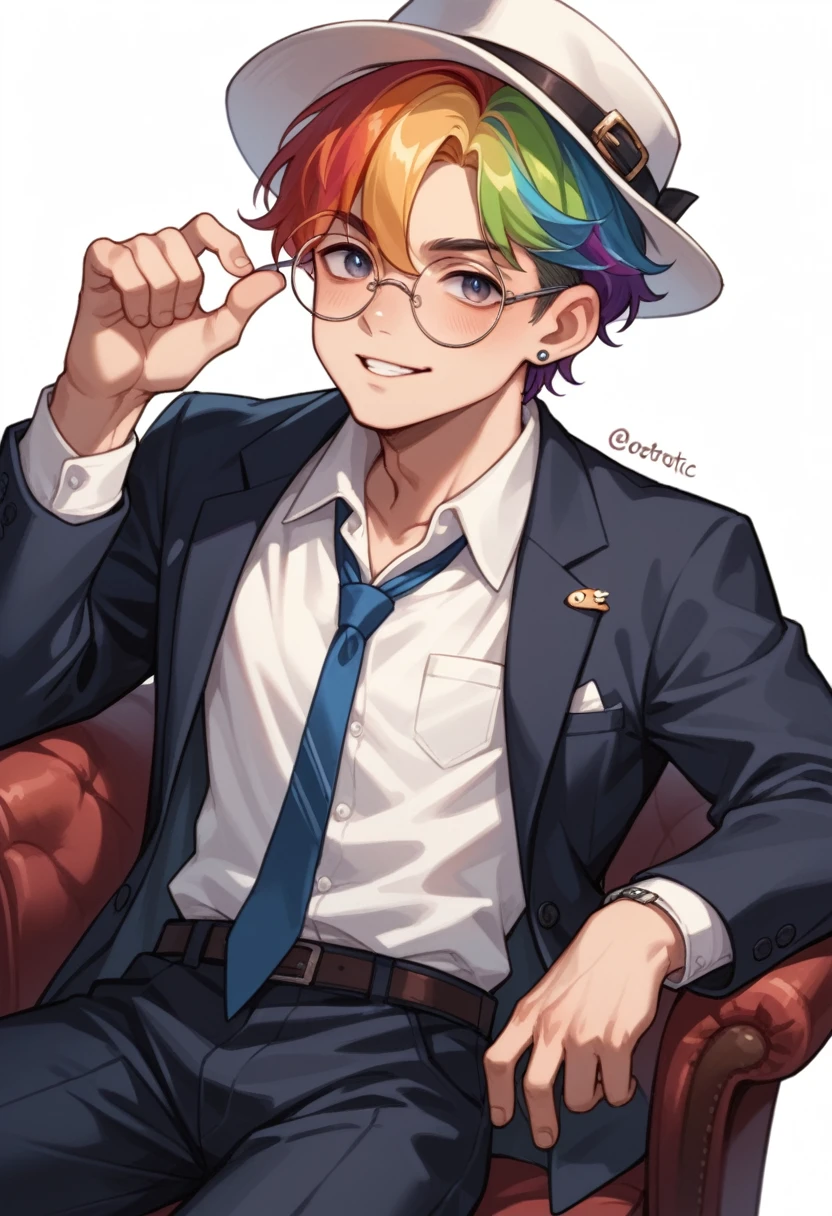 score_9, score_8_up, score_7_up source_chibi, 1 boy, young boy, sexy boy, boy, sexy, erótic, colored hair, Rainbow hair, business clothes, hat, round glasses.
