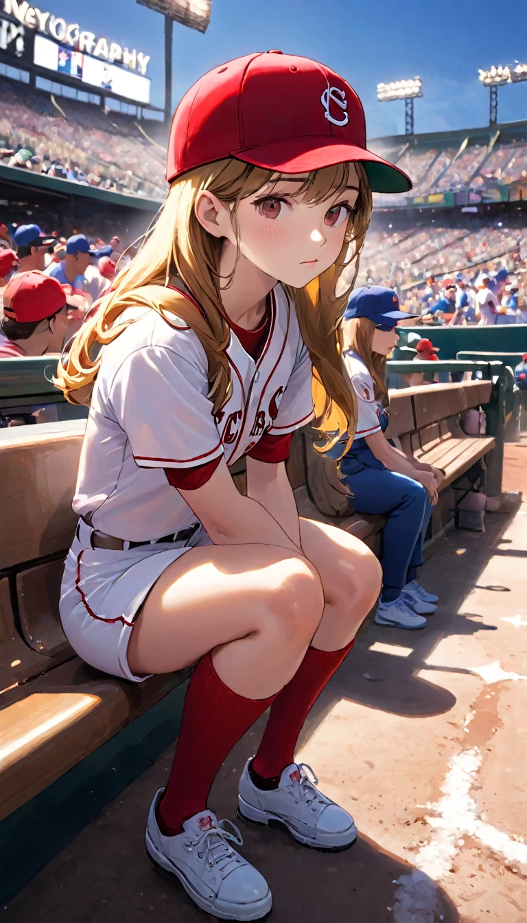 RAWphotograph、Highest quality、ultra High resolution、High resolution、masterpiece:1.3、Seats filled with spectators、Large crowd、A woman sitting on a bench at an MLB baseball stadium, A trout is sticking out of his pants, looking sad, sad look, Sit comfortably in a chair, Sitting in a chair, 流出したphotograph, photograph提供: AP, sad!, Female Baseball Players, Kneel!!, Wearing a red rear-facing hat, メディアphotograph, photograph, actress, Jay Naylor, photograph&quot;, Lindsey Look, Red)、Ball girl&#39;s fine play、The crowd erupts in excitement at the incredible play on a foul ball！！、Fine play from the supporting cast、pretty girl、major league baseball、An excited audience