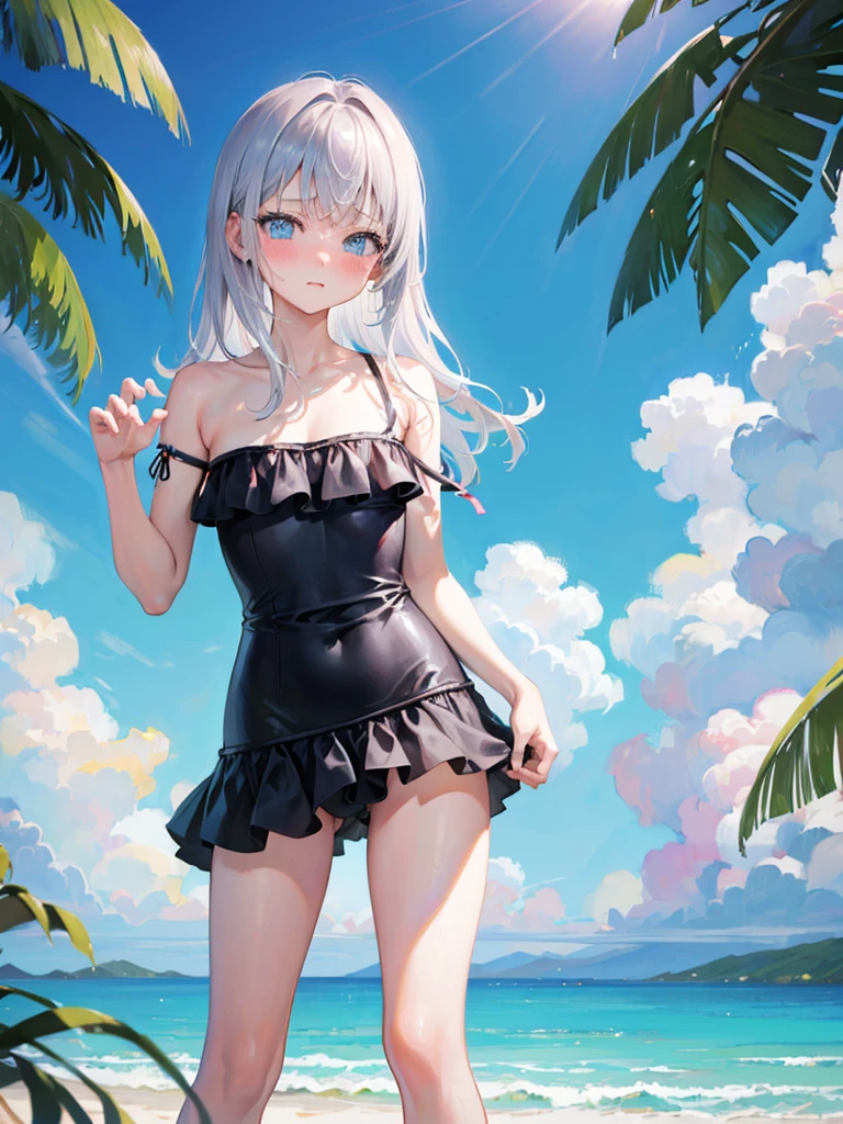 Random patterned swimsuit、Random patterned swimsuit,Swimsuit,Blushing、Medium semi-long hair、Silver Hair、pale blue eyes　、Head to toe full body、Blushing、Embarrassed look、Composition from the front、A view from slightly below、school swimwear、Acme Face、Random pose、, 、nsfw、Highest quality、1 girl、solo、Ocean、Sandy Beach、Sexy pose、Random pose、Blushing、wet、Embarrassed、I can see half of my 、、One piece swimsuit、(Strap slip:1.3)、