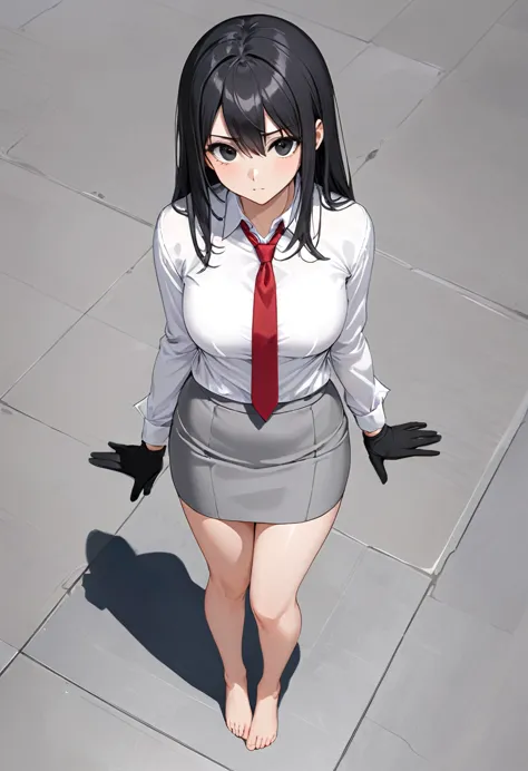 gray miniskirt , bare foot , white dress shirt , gray pencil skirt , whole body , thighs , black hair , black eyes , straight ha...