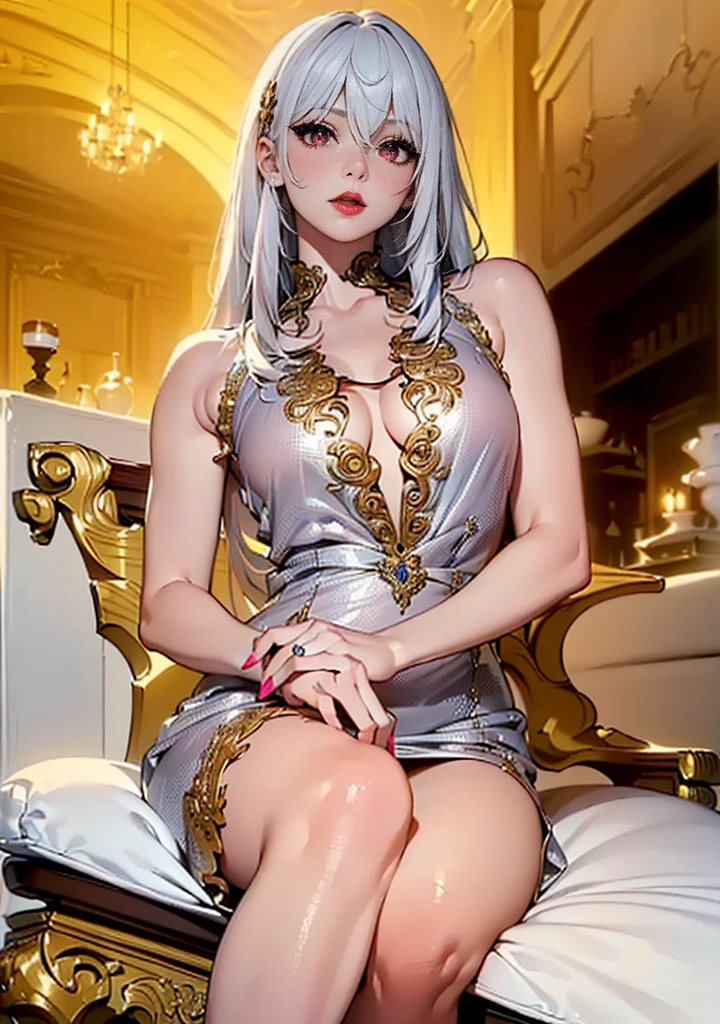 ((1girl, solo, alone, Ninym, white hair, red eyes, hair ornament, small breasts, long hair, fitness)), ((solo, (1woman, pink lipstick), Extremely detailed, ambient soft lighting, 4k, perfect eyes, a perfect face, perfect lighting, a 1girl)), ((silver dress, ornate dress, sitting, sofa, living room, small bust))