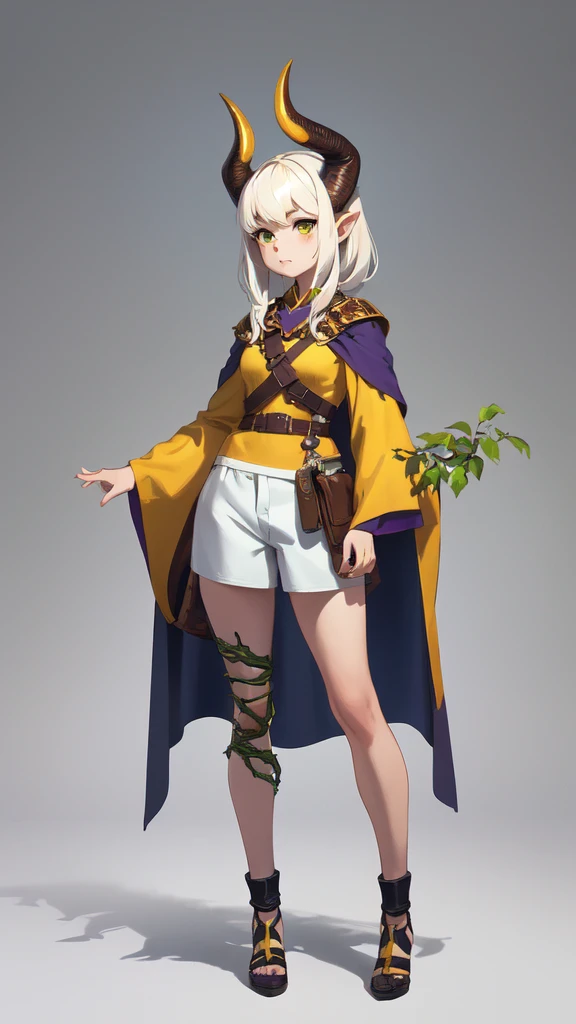 ((masterpiece,Best quality,8 k,A high resolution)),((character concept art)), 1 woman, young adult woman, Yellow medieval summer girl, concept, vines on the hand and horns from the vines, full length, whole body, magic hunter, White shorts,  (standing still), (full body showcase), (показать whole body), (no logos on background), (no logo), ((simple background)), ((simple background)), (((empty background)))