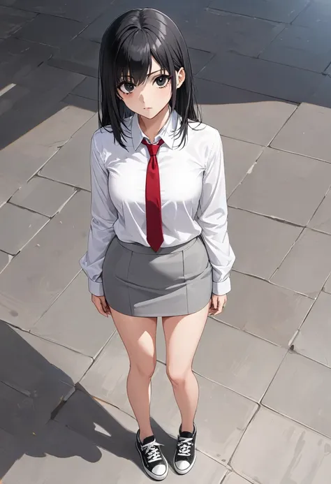 gray miniskirt , black sneakers , white dress shirt , gray pencil skirt , whole body , thighs , black hair , black eyes , straig...