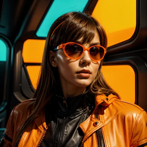 a close up of a woman wearing orange sunglasses and a black leather jacket, wearing orange sunglasses, orange sunglasses, futuri...