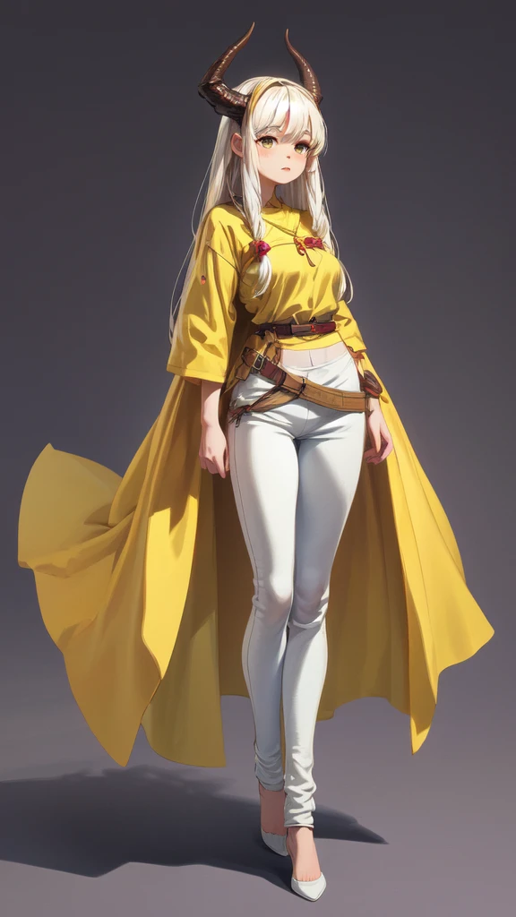 ((masterpiece,Best quality,8 k,A high resolution)),((character concept art)), 1 woman, young adult woman, Yellow medieval summer girl, concept, vines on the hand and horns from the vines, full length, whole body, magic hunter, White shorts,  (standing still), (full body showcase), (показать whole body), (no logos on background), (no logo), ((simple background)), ((simple background)), (((empty background)))