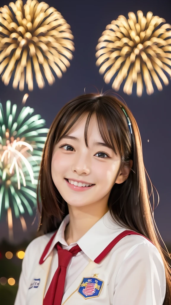 smile、high school girl、uniform、With fireworks in the background、Tokyo Sky Tree