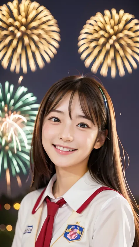 smile、high school girl、uniform、with fireworks in the background、tokyo sky tree