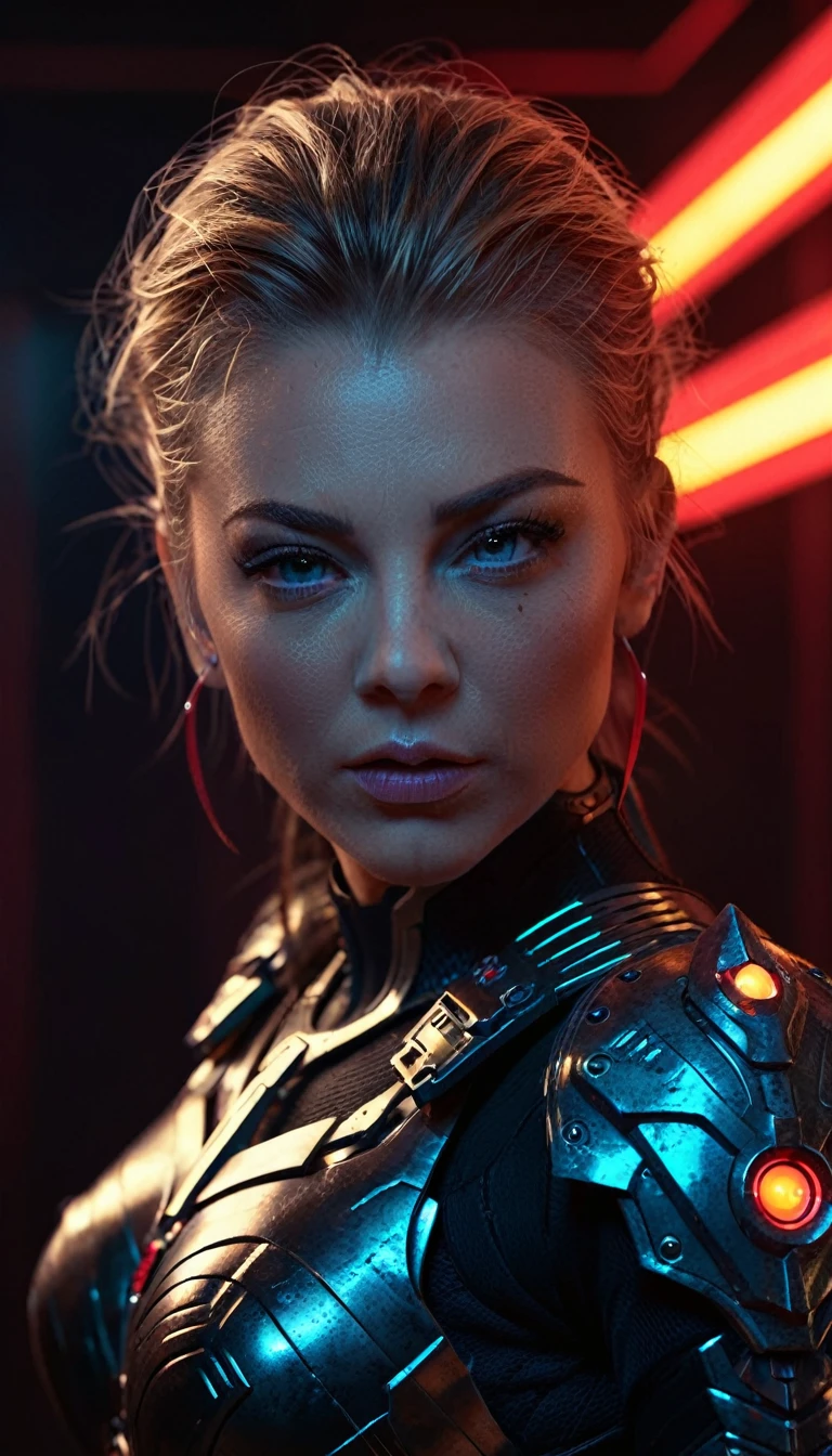 cyberpunk goddess of war, sexy and dangerous, sexy armor, deadly weapon, angry look, pointing target, majestic appearance, defiant yet awe-inspiring , sci-fi, horror, full body shot, realistic photography, high detail, 8k, hyper realistic, cinematic lighting, dramatic pose, intricate details, advanced technology, neon lights, dark atmosphere, moody colors, dramatic shadows, film grain, shallow depth of field, cinaematic shot, ohwx woman face