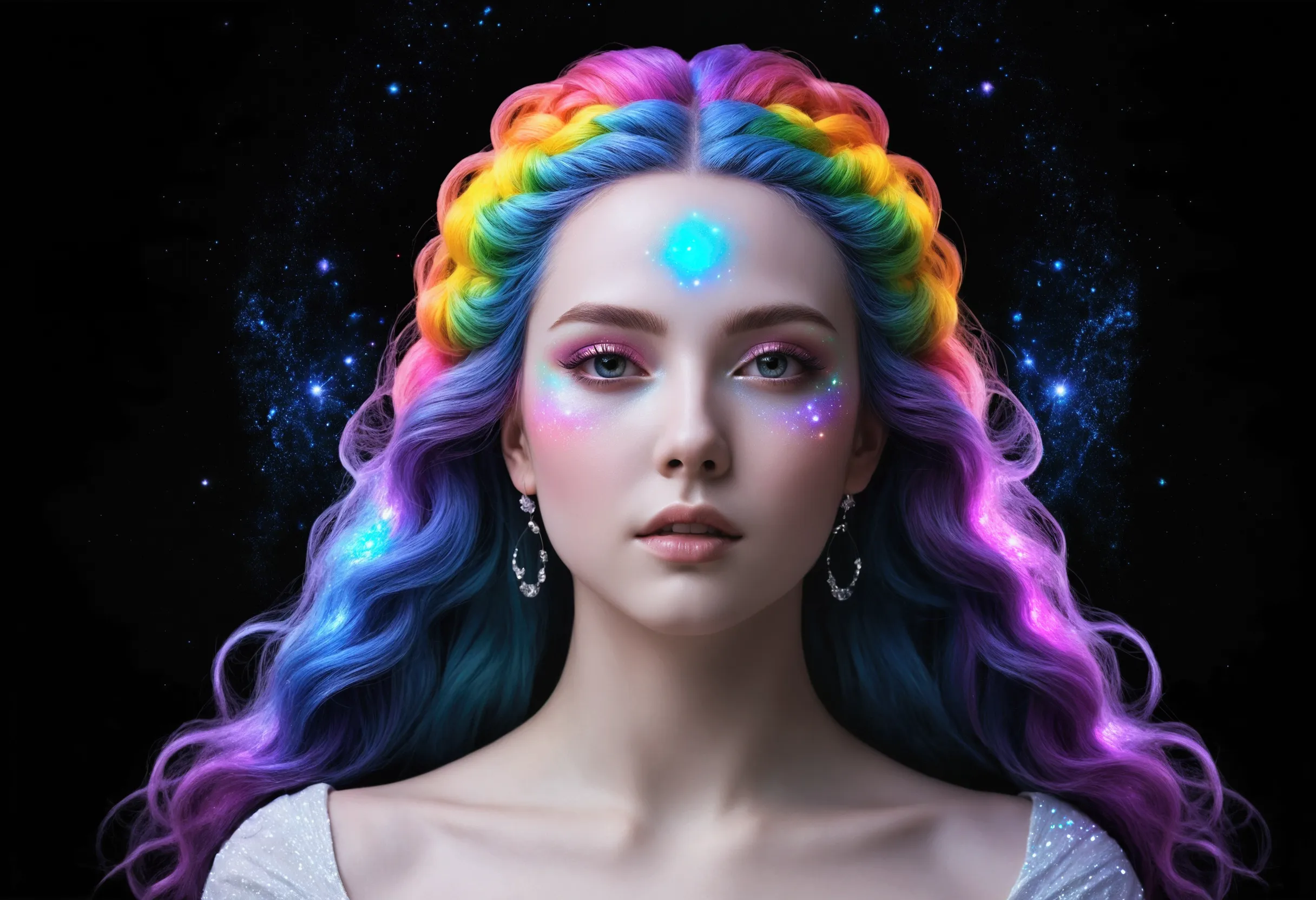 rainbow goddess, white skin, galaxy aesthetic, black background, overwhelmingly bright