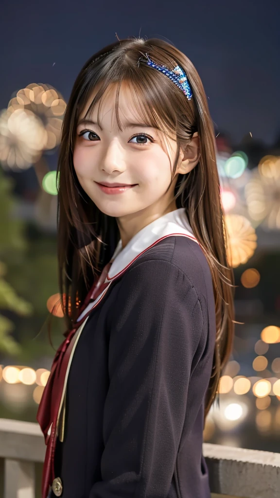 smile、high school girl、uniform、With fireworks in the background、Tokyo Sky Tree