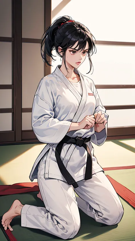 Slender female karateka　Mature Woman　((seiza))　Open chest　Karate Dojo　Black Hair　ponytail　((White T-shirt underneath the karate ...