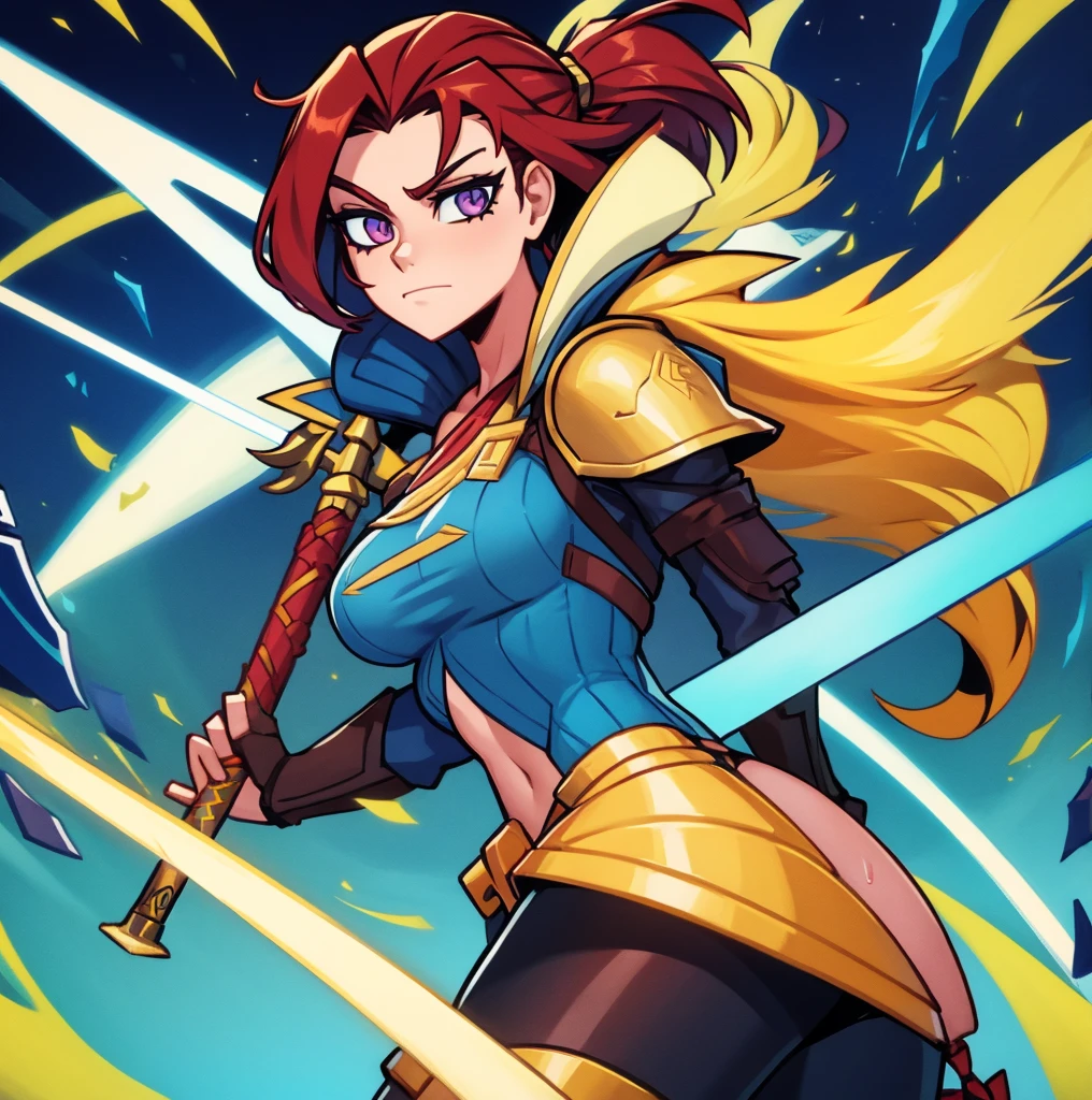 an animated character is in the background of a video game screener and an image of a girl in an with a sword on her shoulder and her breasts spread out