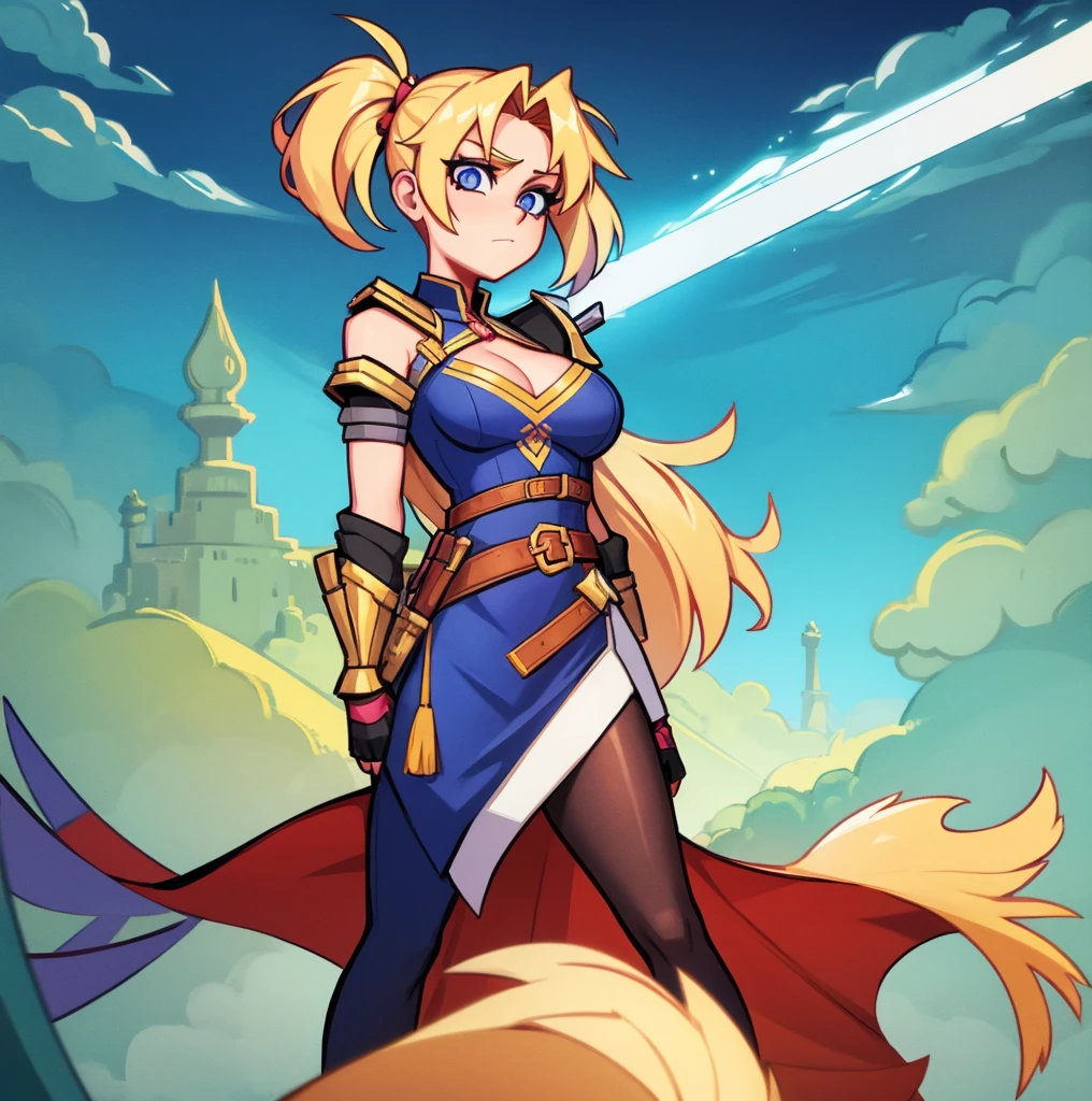 an animated character is in the background of a video game screener and an image of a girl in an with a sword on her shoulder and her breasts spread out