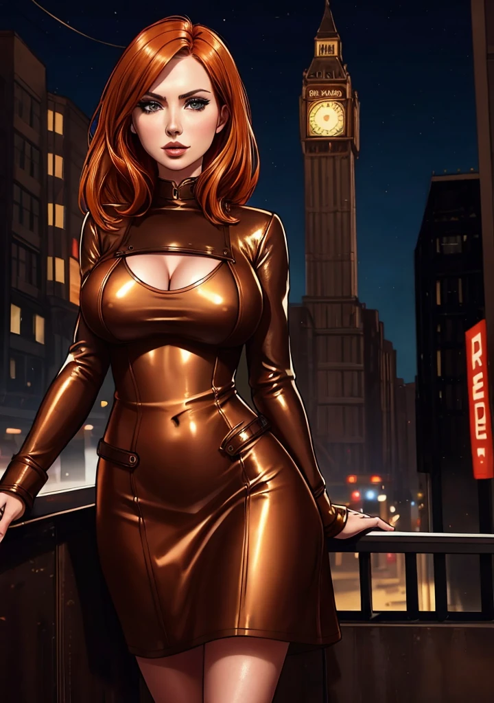 detailed Karen Gillan dress,leather,

copper hair,golden hair,night black hair,

urban setting
1girl, sexy 19 year old woman